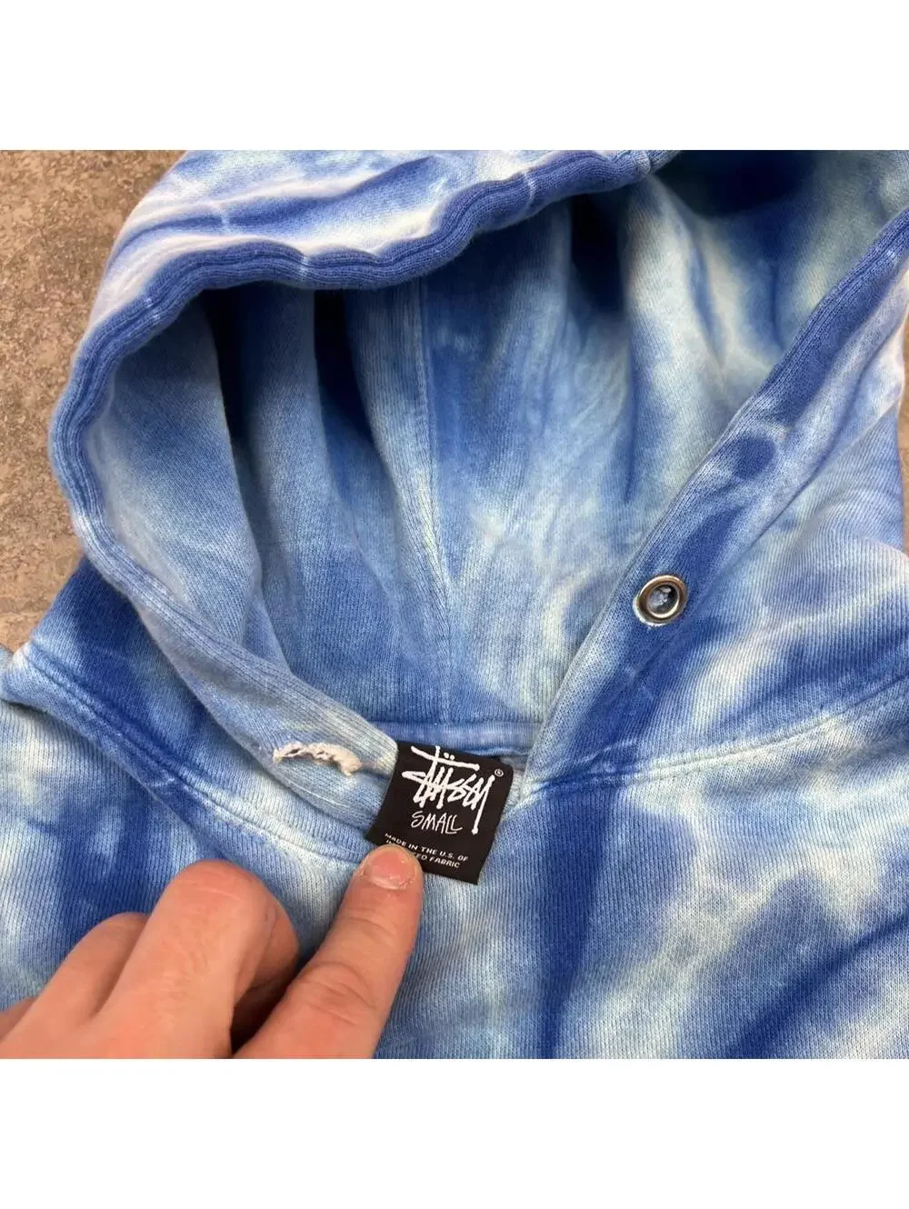 vintage stussy blue and white tie dye big logo hoodie size small